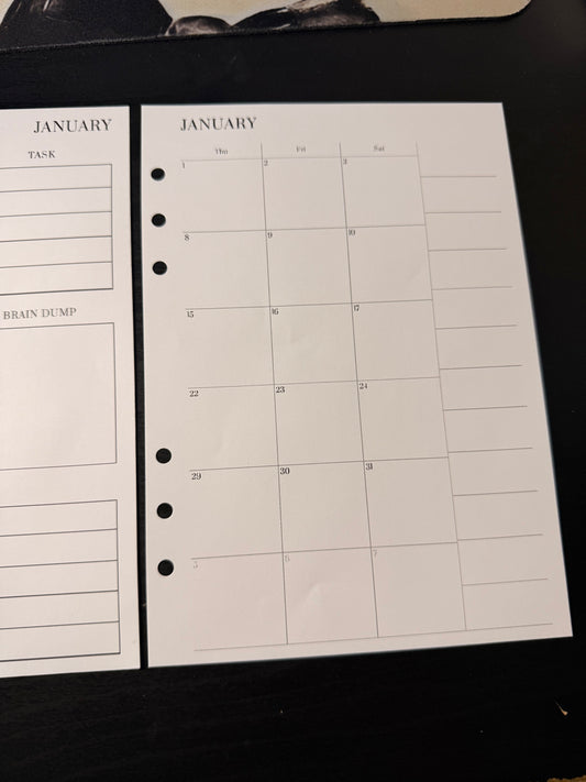 Monthly Calendar Inserts — Goals + 2-Page Calendar + Notes (12 Months)