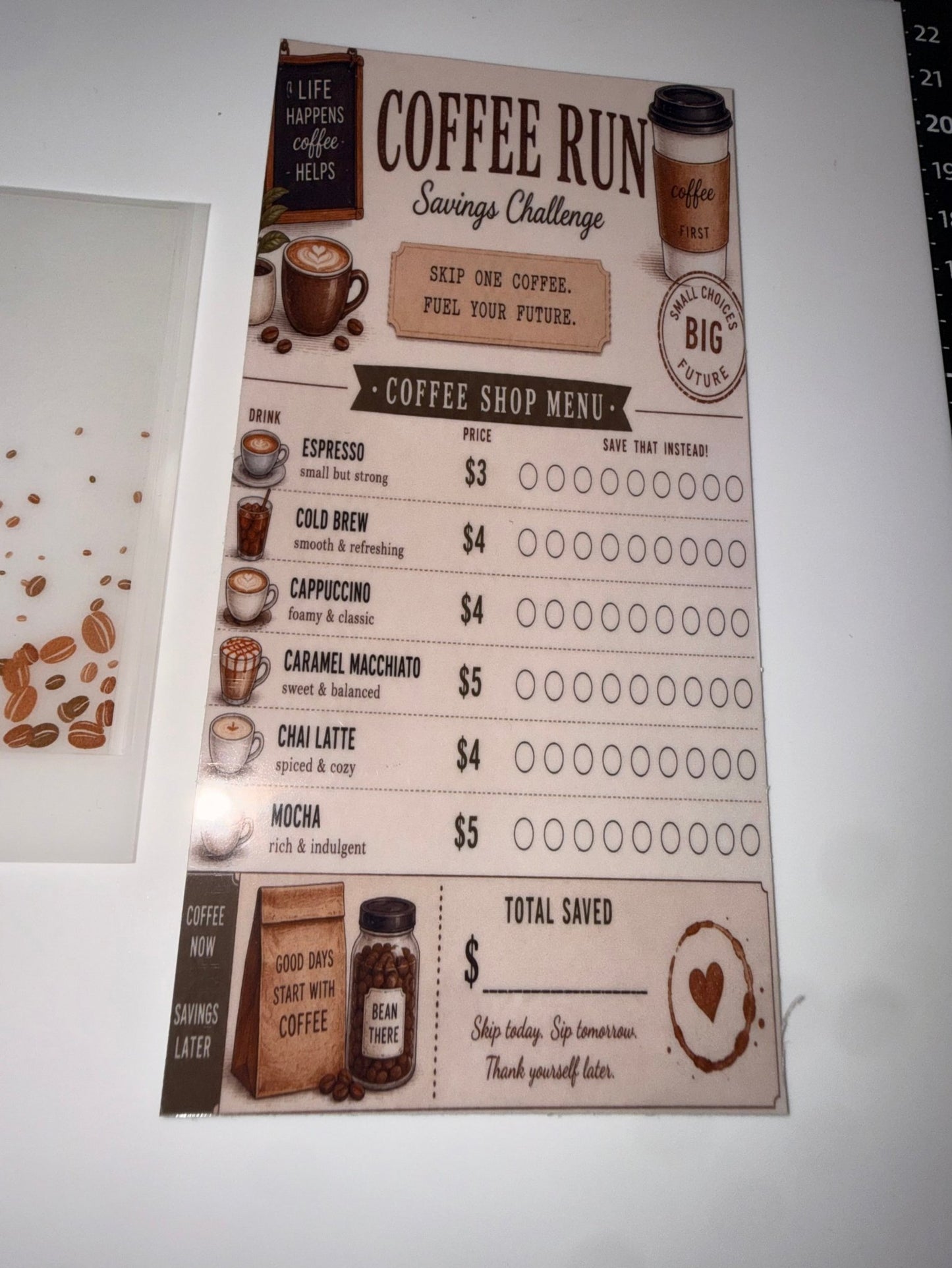 Coffee Run Savings Challenge Tracker w/Envelope Duo - ModestDollarCo