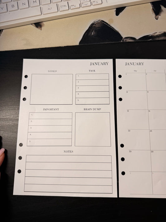 Monthly Calendar Inserts — Goals + 2-Page Calendar + Notes (12 Months)